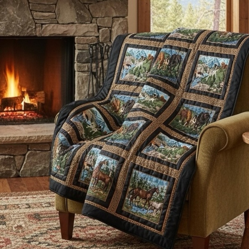 Western Horse Scenic Patchwork Quilt Throw 44x66 Cabin Lodge Rustic